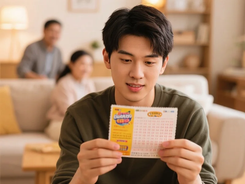 一张手拿彩券，正在认真研究选号单的年轻人特写，背景为温馨的家庭客厅